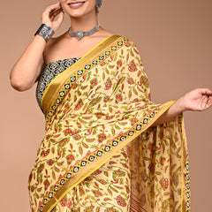 Sunshine Yellow Cotton Saree with Paisley Print & Geometric Border