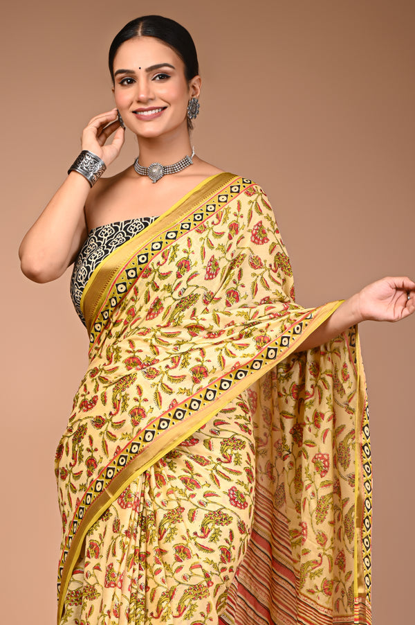 Sunshine Yellow Cotton Saree with Paisley Print & Geometric Border