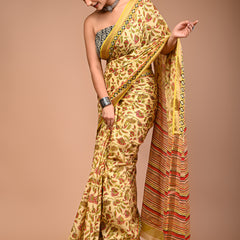 Sunshine Yellow Cotton Saree with Paisley Print & Geometric Border