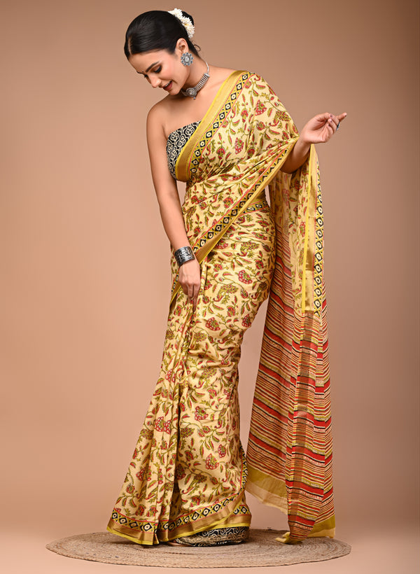 Sunshine Yellow Cotton Saree with Paisley Print & Geometric Border