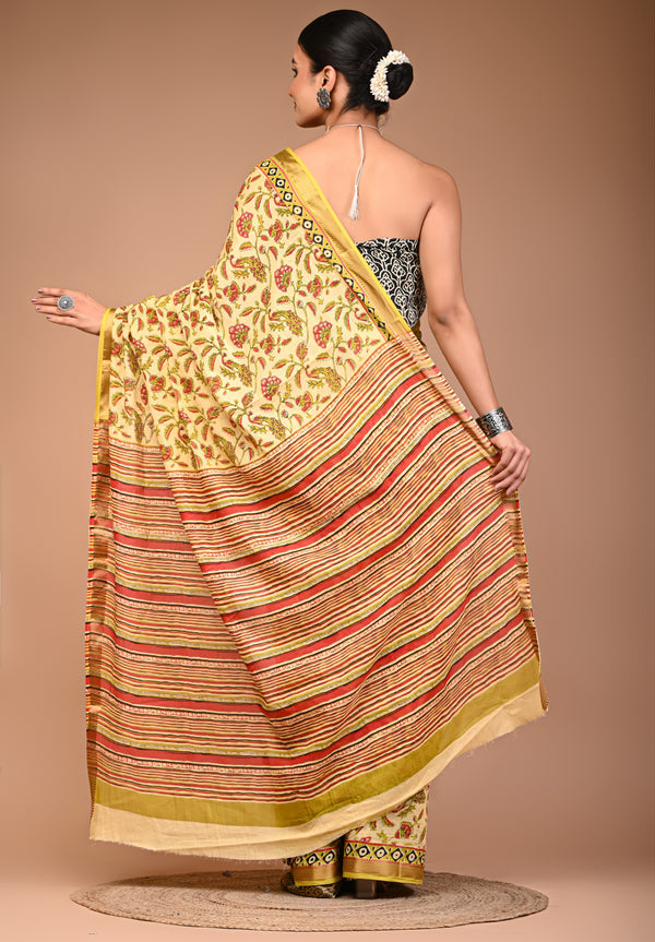 Sunshine Yellow Cotton Saree with Paisley Print & Geometric Border
