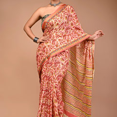 Elegant Printed Maheshwari Pure Cotton Saree with Multicolor Zari Border