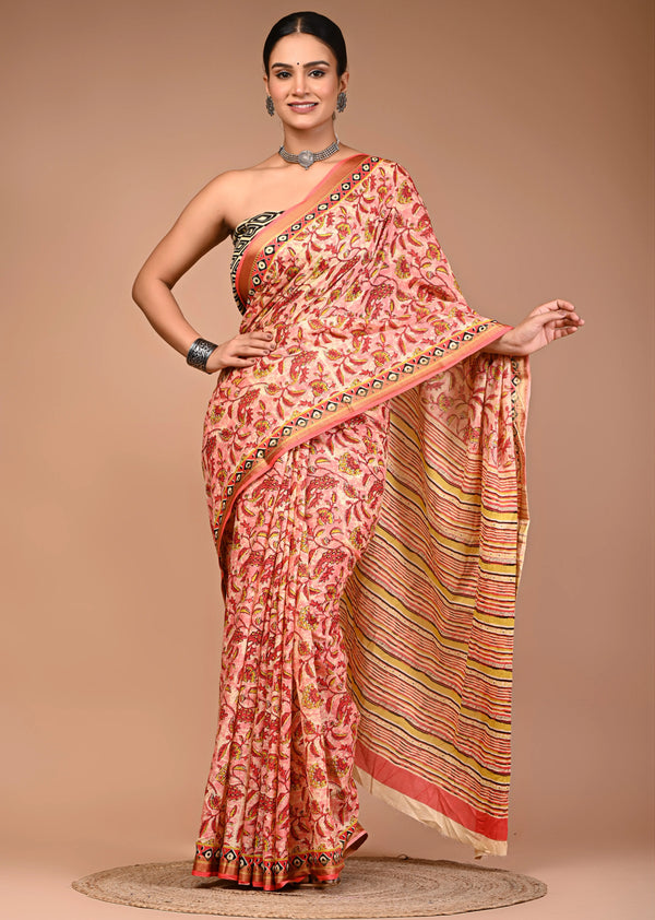 Elegant Printed Maheshwari Pure Cotton Saree with Multicolor Zari Border
