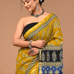 Mustard Yellow Pure Cotton Saree with Black & Blue Ethnic Printed Pallu