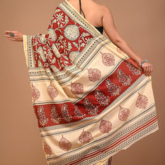 Rust Red & Cream Pure Cotton Saree with Traditional Print