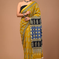 Mustard Yellow Pure Cotton Saree with Black & Blue Ethnic Printed Pallu