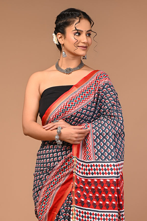 Red & Navy Blue Pure Cotton Saree with Bold Geometric and Floral Print
