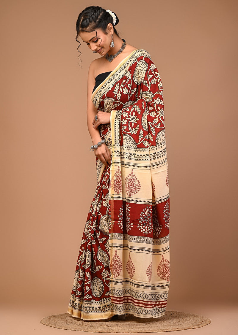Rust Red & Cream Pure Cotton Saree with Traditional Print