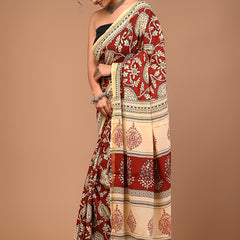 Rust Red & Cream Pure Cotton Saree with Traditional Print
