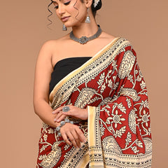 Rust Red & Cream Pure Cotton Saree with Traditional Print