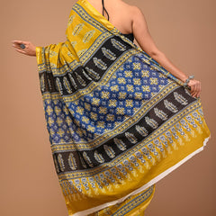 Mustard Yellow Pure Cotton Saree with Black & Blue Ethnic Printed Pallu