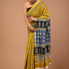 Mustard Yellow Pure Cotton Saree with Black & Blue Ethnic Printed Pallu