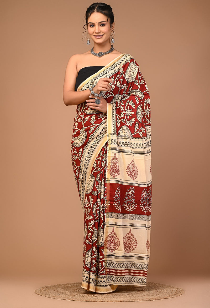 Rust Red & Cream Pure Cotton Saree with Traditional Print