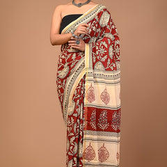 Rust Red & Cream Pure Cotton Saree with Traditional Print