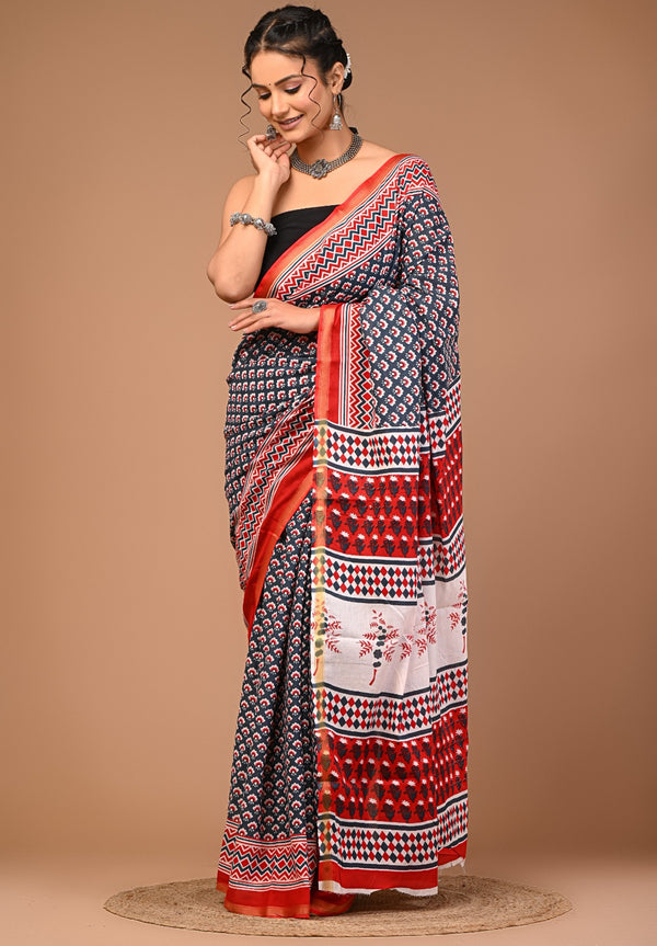 Red & Navy Blue Pure Cotton Saree with Bold Geometric and Floral Print