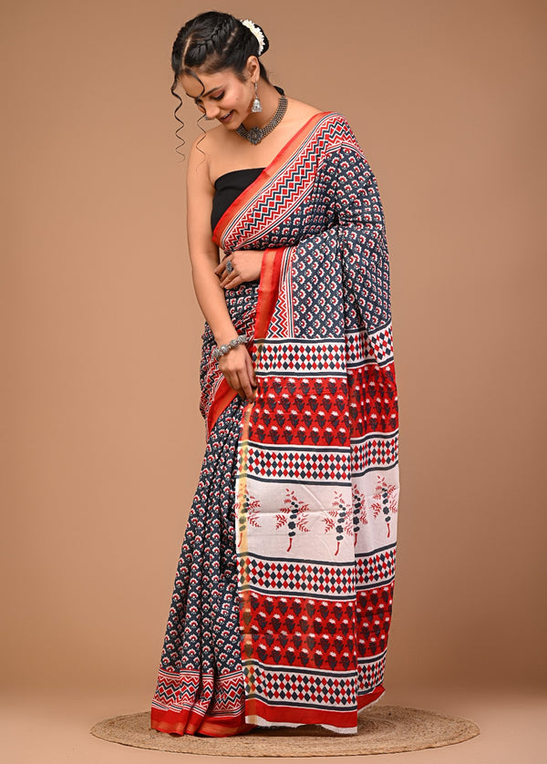 Red & Navy Blue Pure Cotton Saree with Bold Geometric and Floral Print