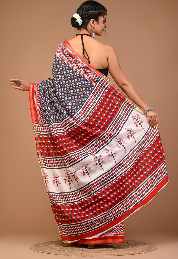 Red & Navy Blue Pure Cotton Saree with Bold Geometric and Floral Print