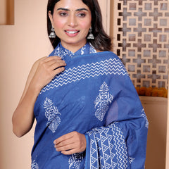 Royal Blue Cotton Saree with White Hand Block Print & Zigzag Border
