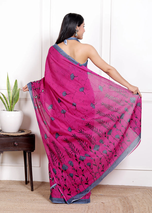 Rose Pink Cotton Saree with Grey Floral Block Print & Contrast Border