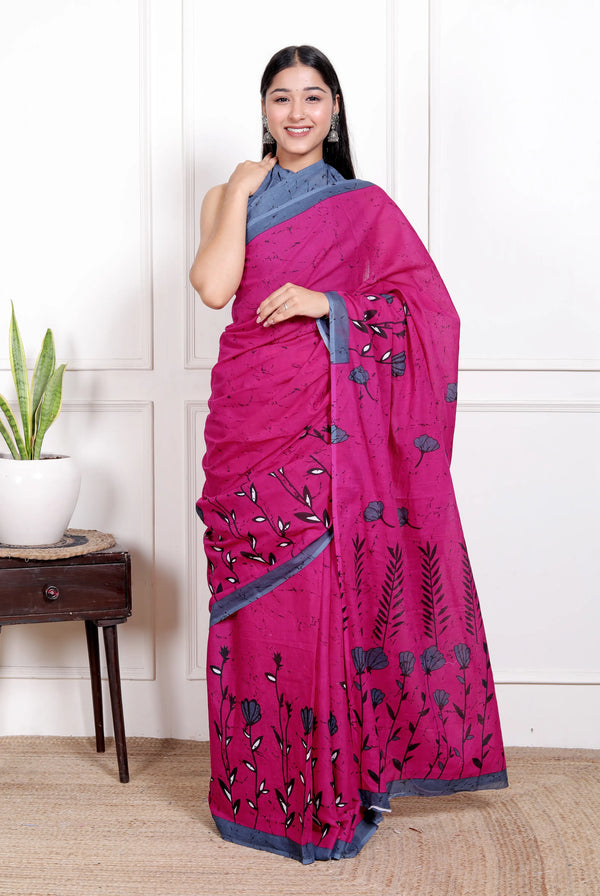Rose Pink Cotton Saree with Grey Floral Block Print & Contrast Border