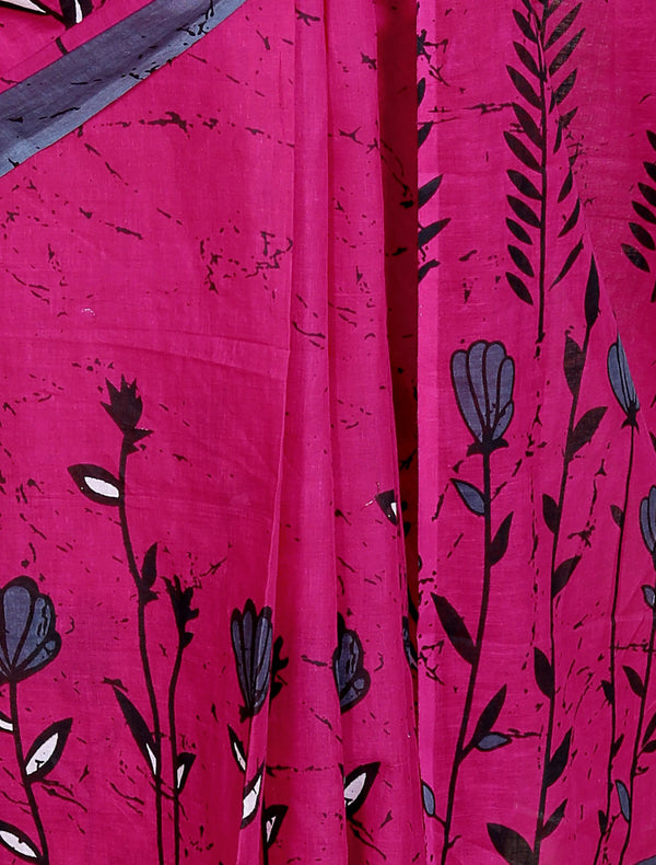 Rose Pink Cotton Saree with Grey Floral Block Print & Contrast Border