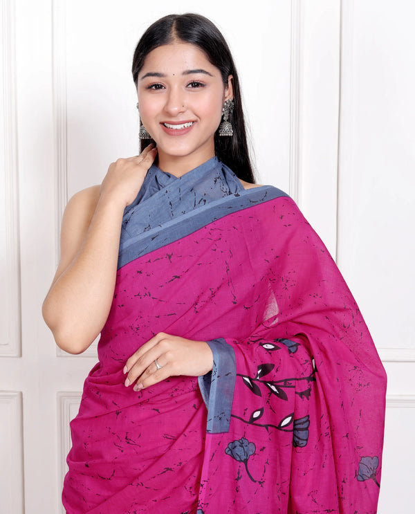 Rose Pink Cotton Saree with Grey Floral Block Print & Contrast Border