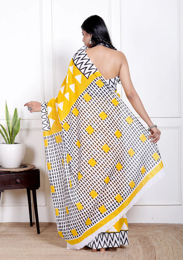 Vibrant Yellow Cotton Saree with Bold White Triangle and Black Geometric Border