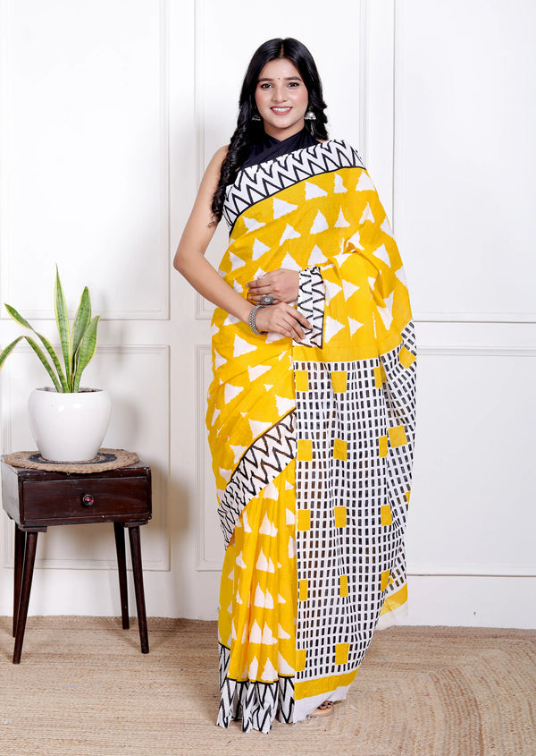 Vibrant Yellow Cotton Saree with Bold White Triangle and Black Geometric Border
