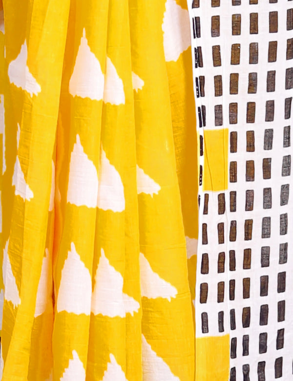 Vibrant Yellow Cotton Saree with Bold White Triangle and Black Geometric Border