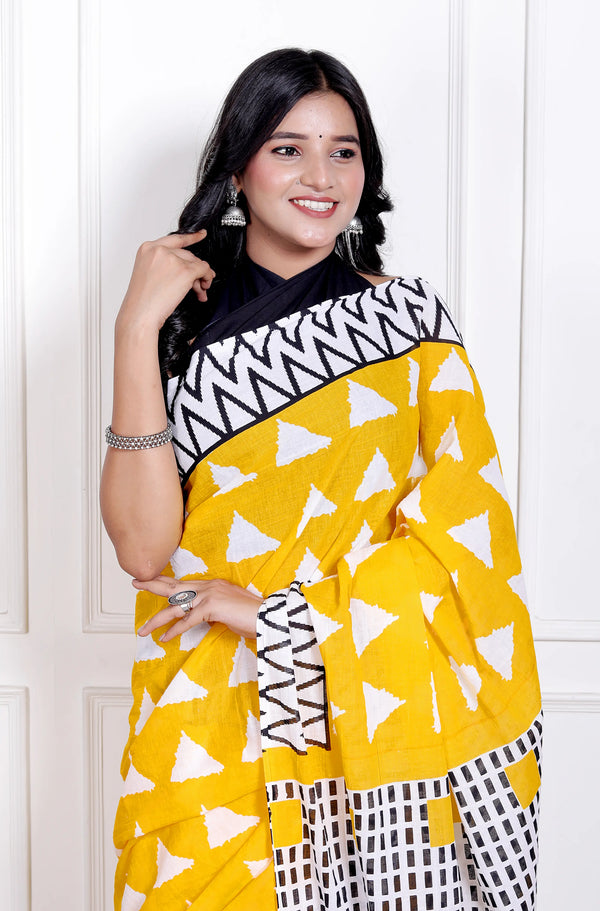 Vibrant Yellow Cotton Saree with Bold White Triangle and Black Geometric Border