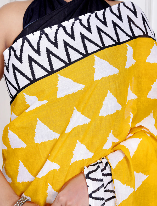 Vibrant Yellow Cotton Saree with Bold White Triangle and Black Geometric Border