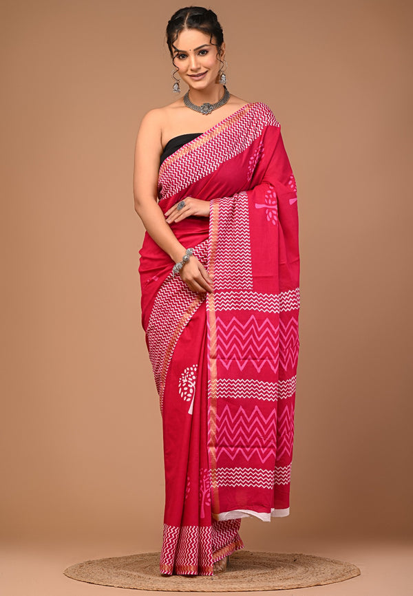 Magenta Pink Pure Cotton Saree with Bold Geometric Print