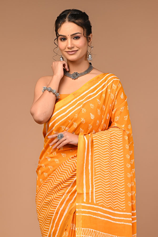Sunshine Yellow Cotton Saree with White Hand Block Print