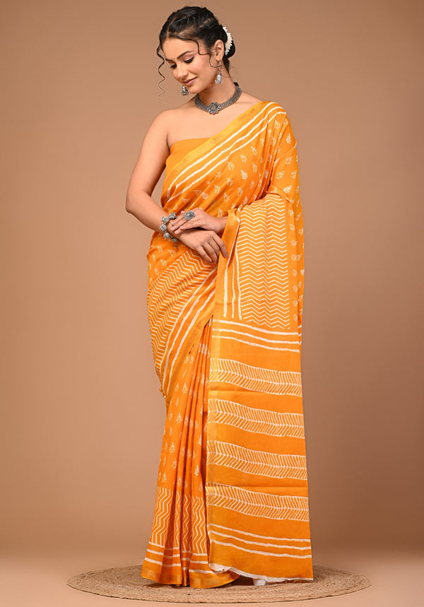 Sunshine Yellow Cotton Saree with White Hand Block Print