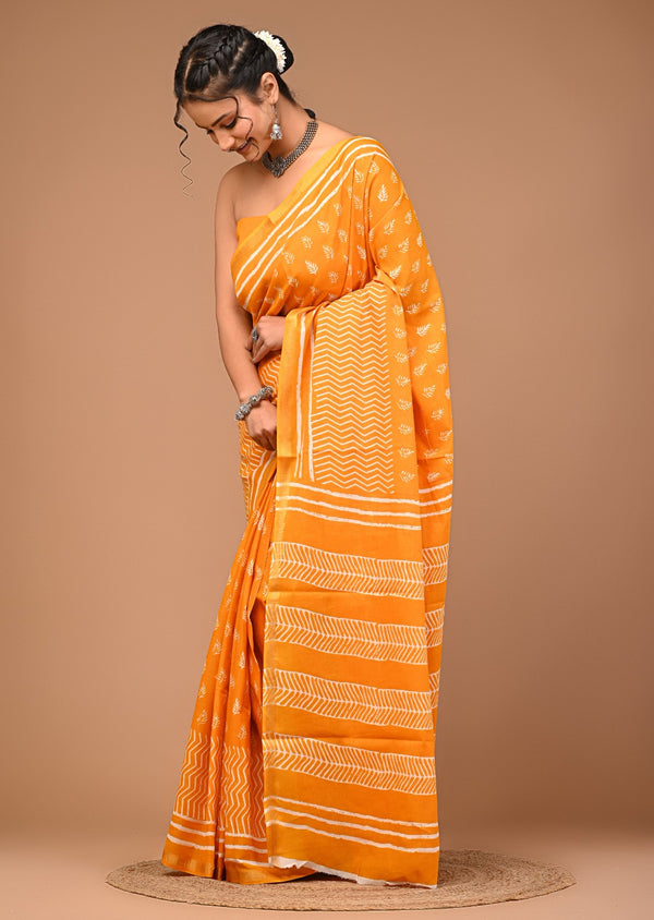 Sunshine Yellow Cotton Saree with White Hand Block Print