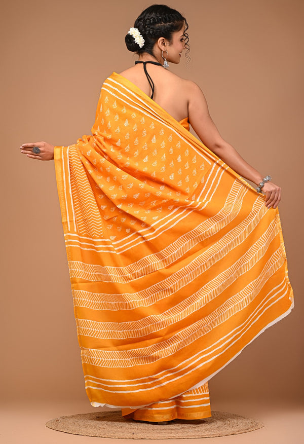 Sunshine Yellow Cotton Saree with White Hand Block Print