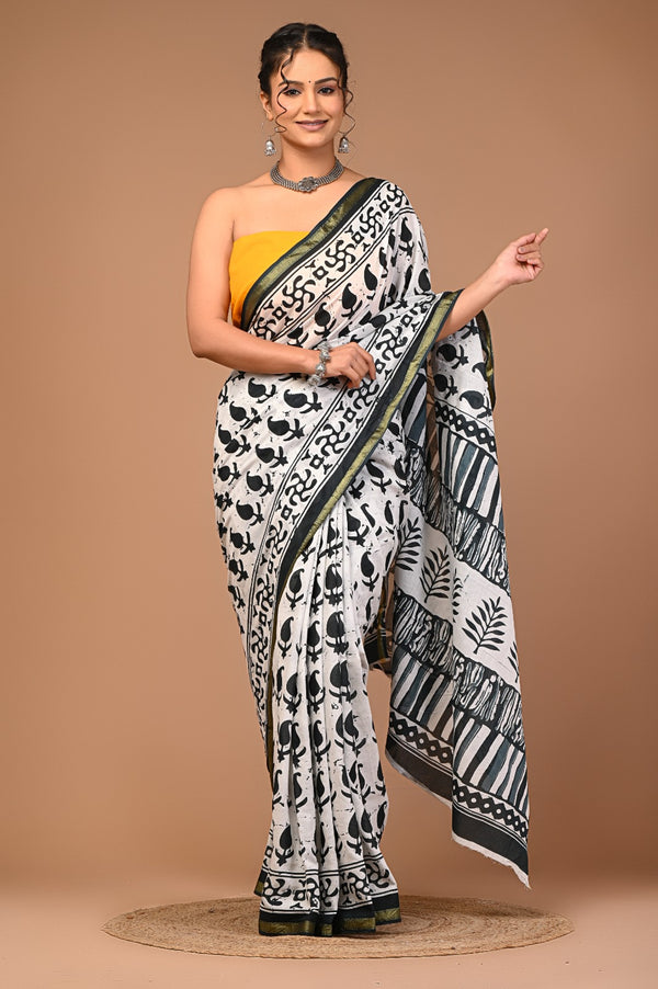 Elegant Black & White Pure Cotton Saree with Tribal Block Print
