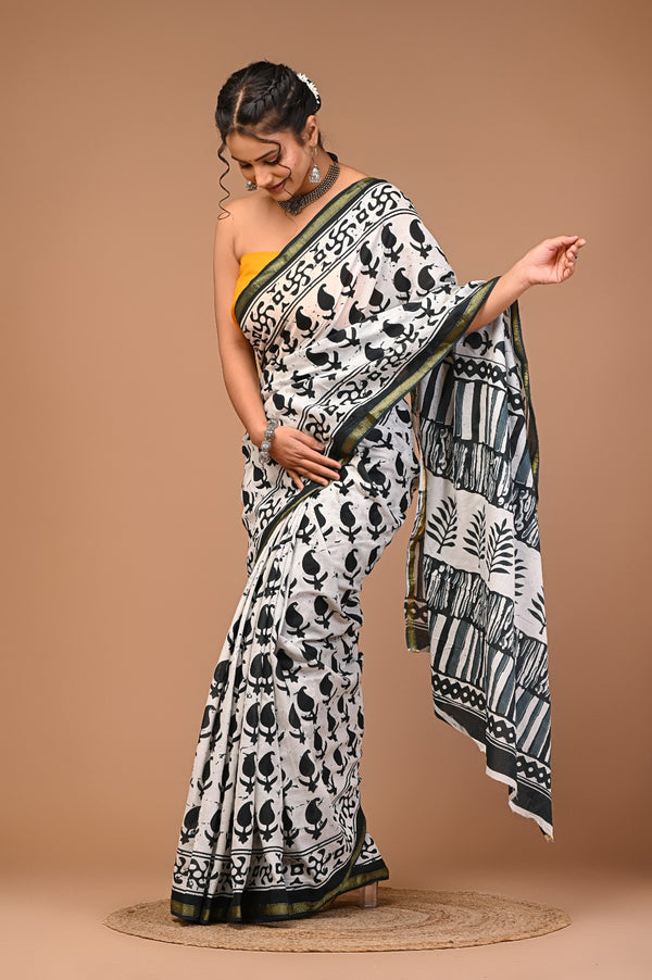 Elegant Black & White Pure Cotton Saree with Tribal Block Print