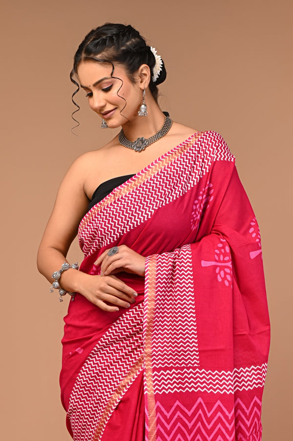 Magenta Pink Pure Cotton Saree with Bold Geometric Print