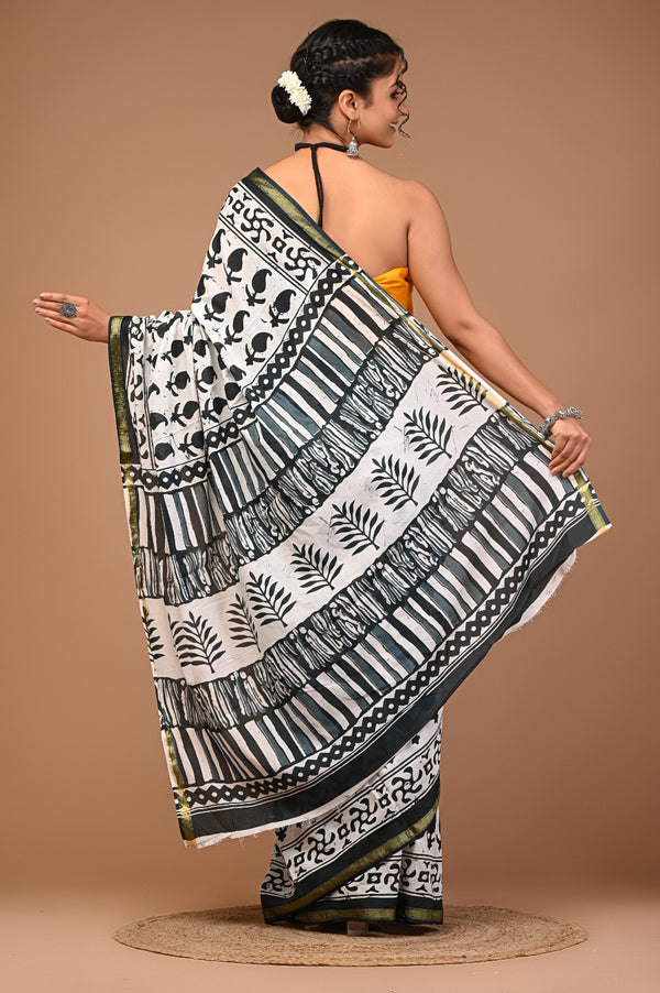 Elegant Black & White Pure Cotton Saree with Tribal Block Print