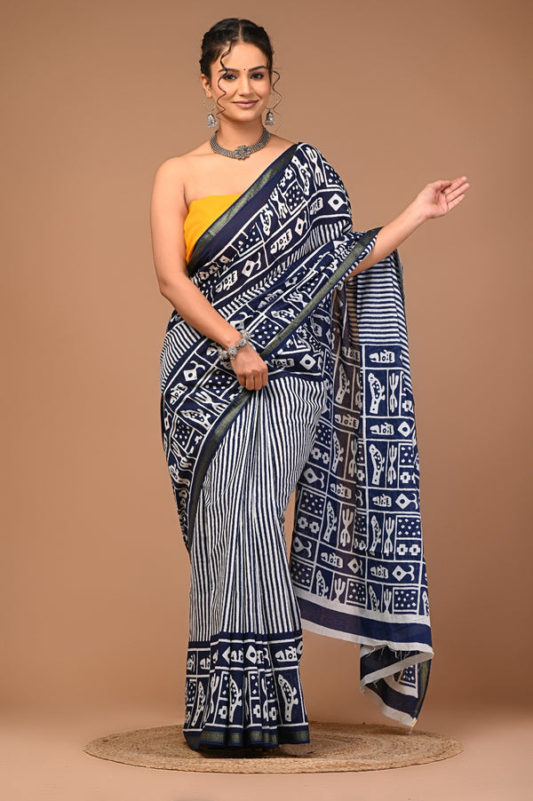 Navy Blue & White Handcrafted Dabu Print Cotton Saree