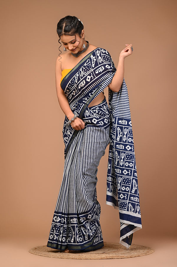 Navy Blue & White Handcrafted Dabu Print Cotton Saree