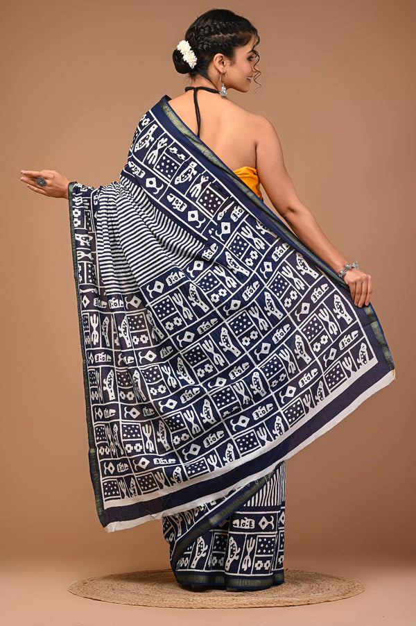 Navy Blue & White Handcrafted Dabu Print Cotton Saree
