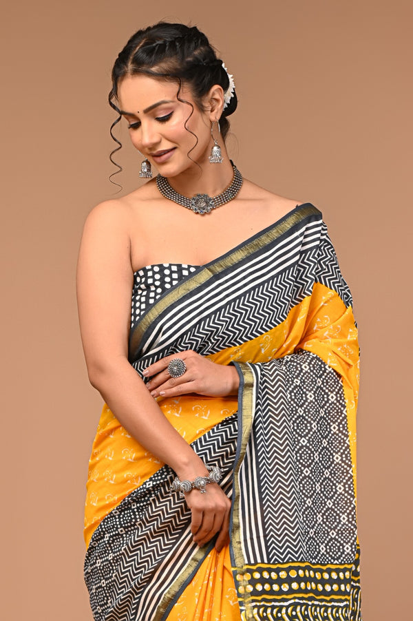 Sunshine Yellow & Black Dabu Printed Cotton Saree with Contrast Patterns