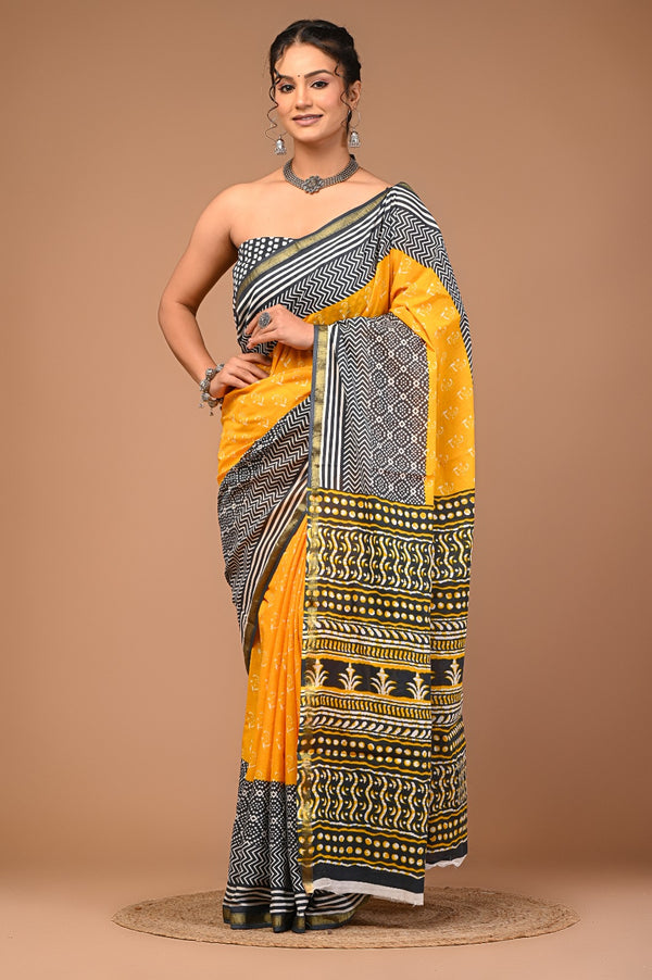 Sunshine Yellow & Black Dabu Printed Cotton Saree with Contrast Patterns