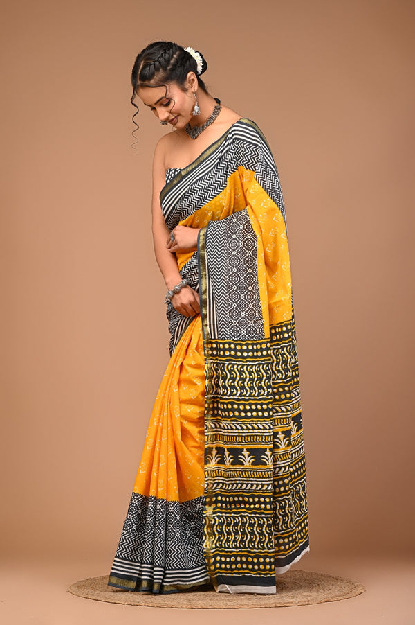 Sunshine Yellow & Black Dabu Printed Cotton Saree with Contrast Patterns