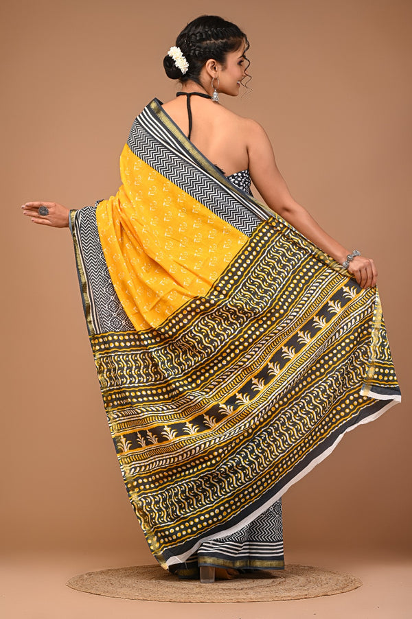 Sunshine Yellow & Black Dabu Printed Cotton Saree with Contrast Patterns