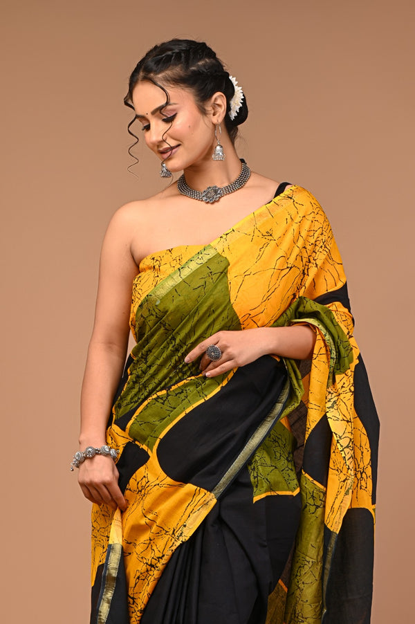 Yellow Olive Green & Black Abstract Batik Print Cotton Saree