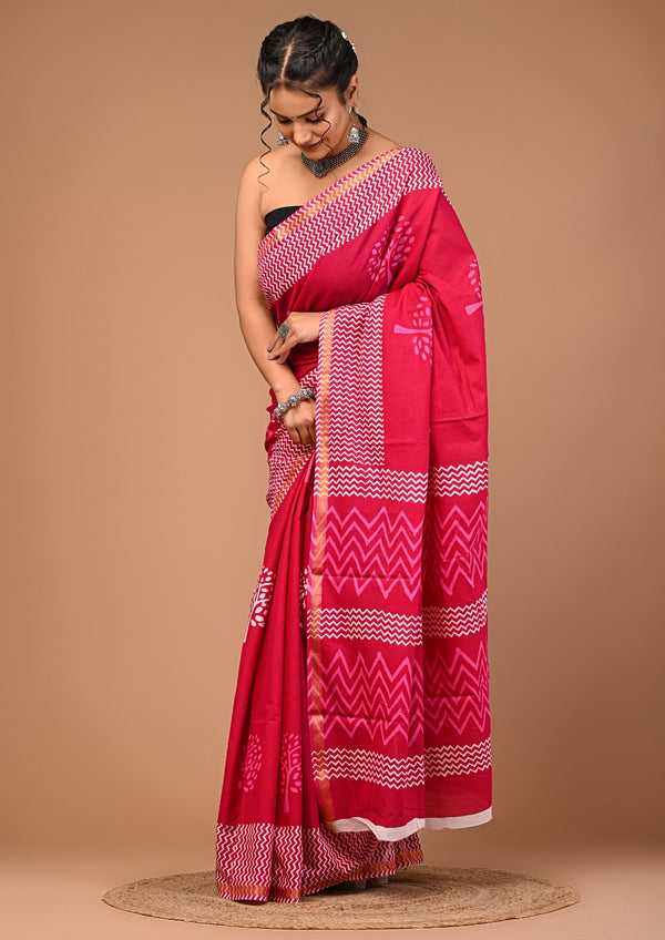 Magenta Pink Pure Cotton Saree with Bold Geometric Print