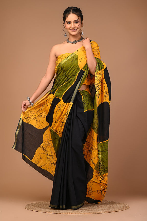 Yellow Olive Green & Black Abstract Batik Print Cotton Saree